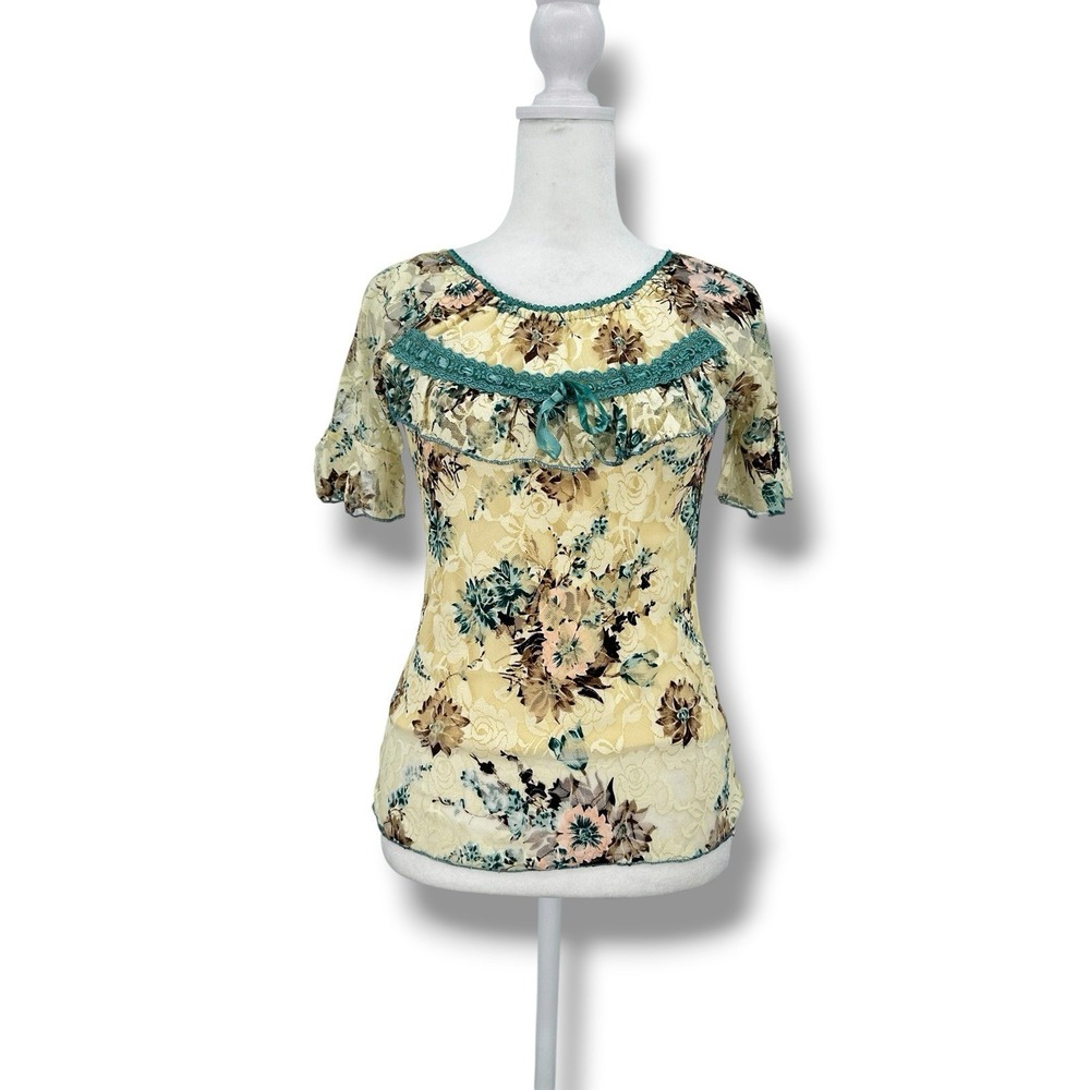 VTG Y2K Mesh Lace Floral Top‎ Women S Sheer Fairycore Coquette Ruffle Whimsy
